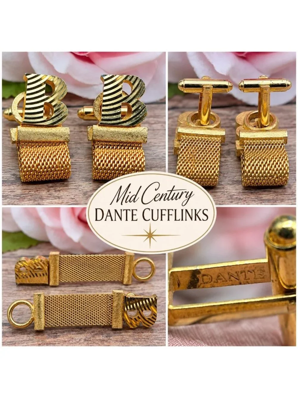 Vintage Dante Gold Tone B Monogram Cufflinks Mesh Shirt Wraps Set Mid Century
